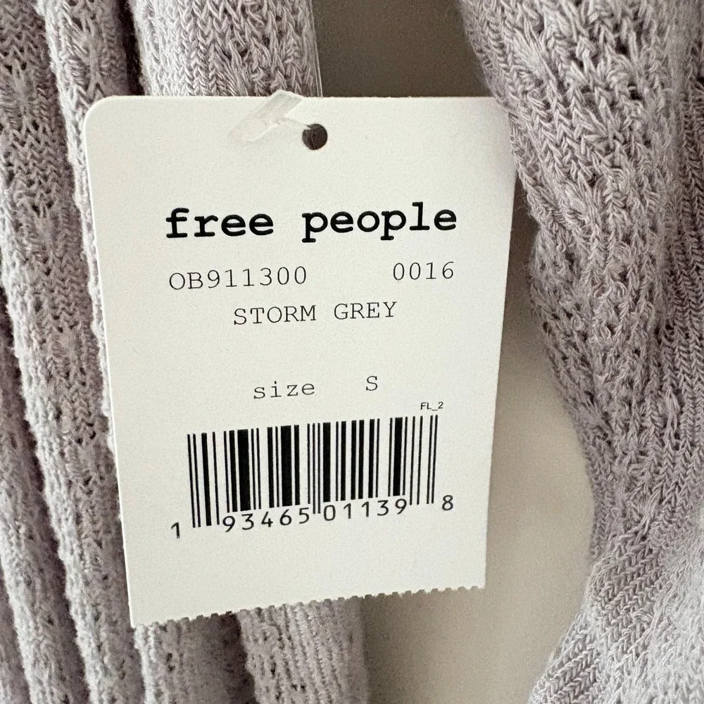 Free People Top Dream Girl Small Storm Grey Boho Pointelle Knit V-Neck Raw Edge
